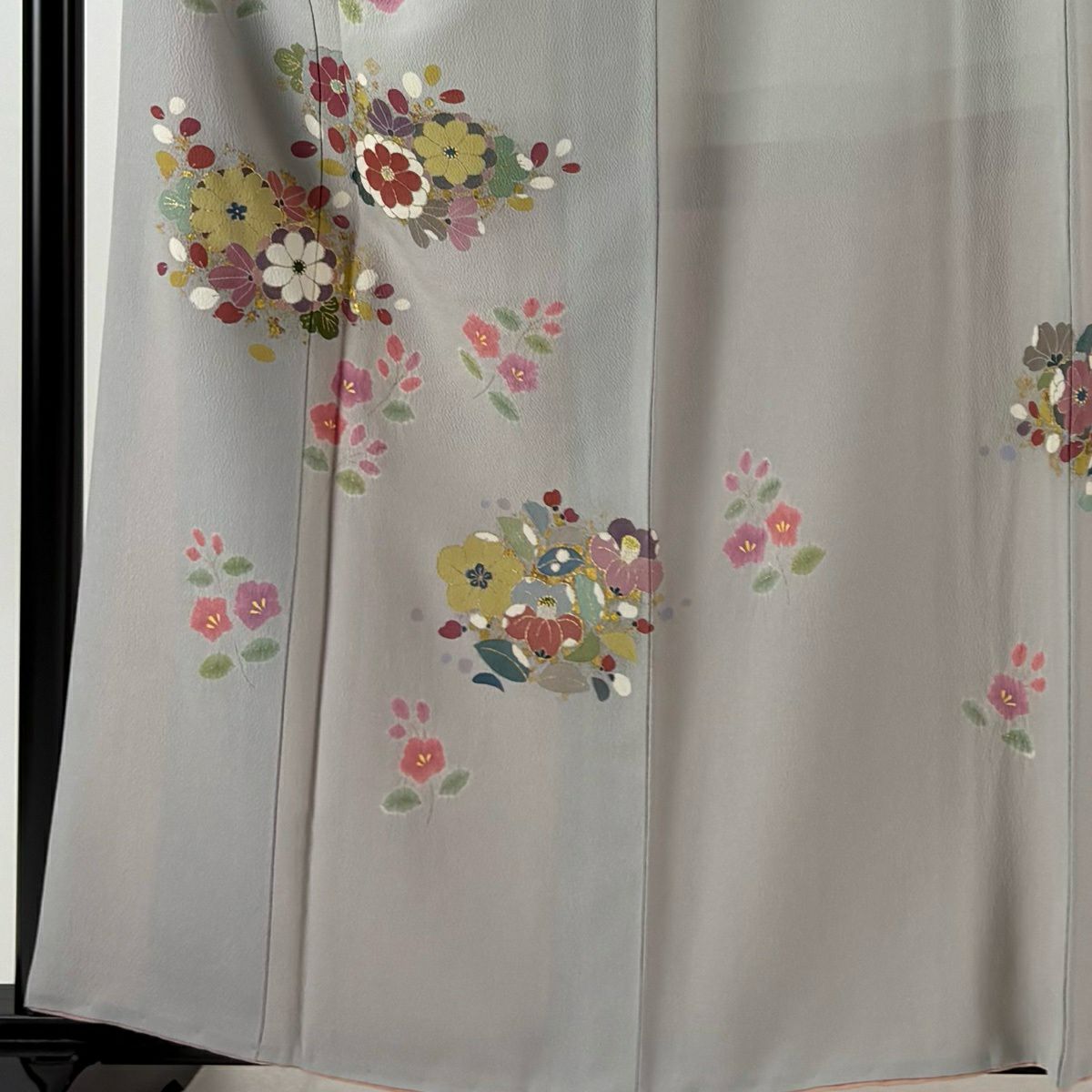 付下 身長160cm 袖長66.5cm M 雙層 松樹井青青 落款 草花紋紋 金彩裝飾 灰色 純蠶絲 名品級