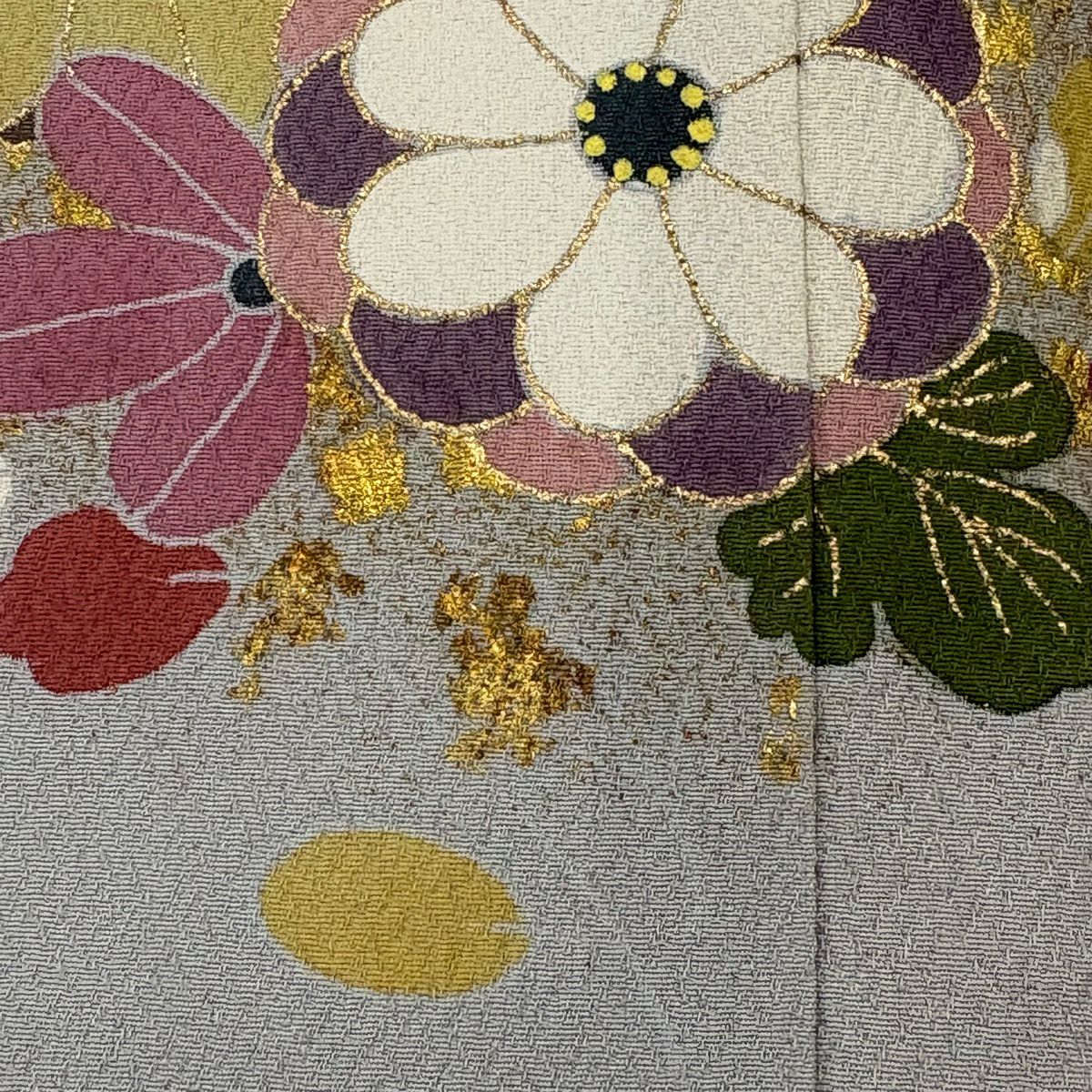 付下 身長160cm 袖長66.5cm M 雙層 松樹井青青 落款 草花紋紋 金彩裝飾 灰色 純蠶絲 名品級