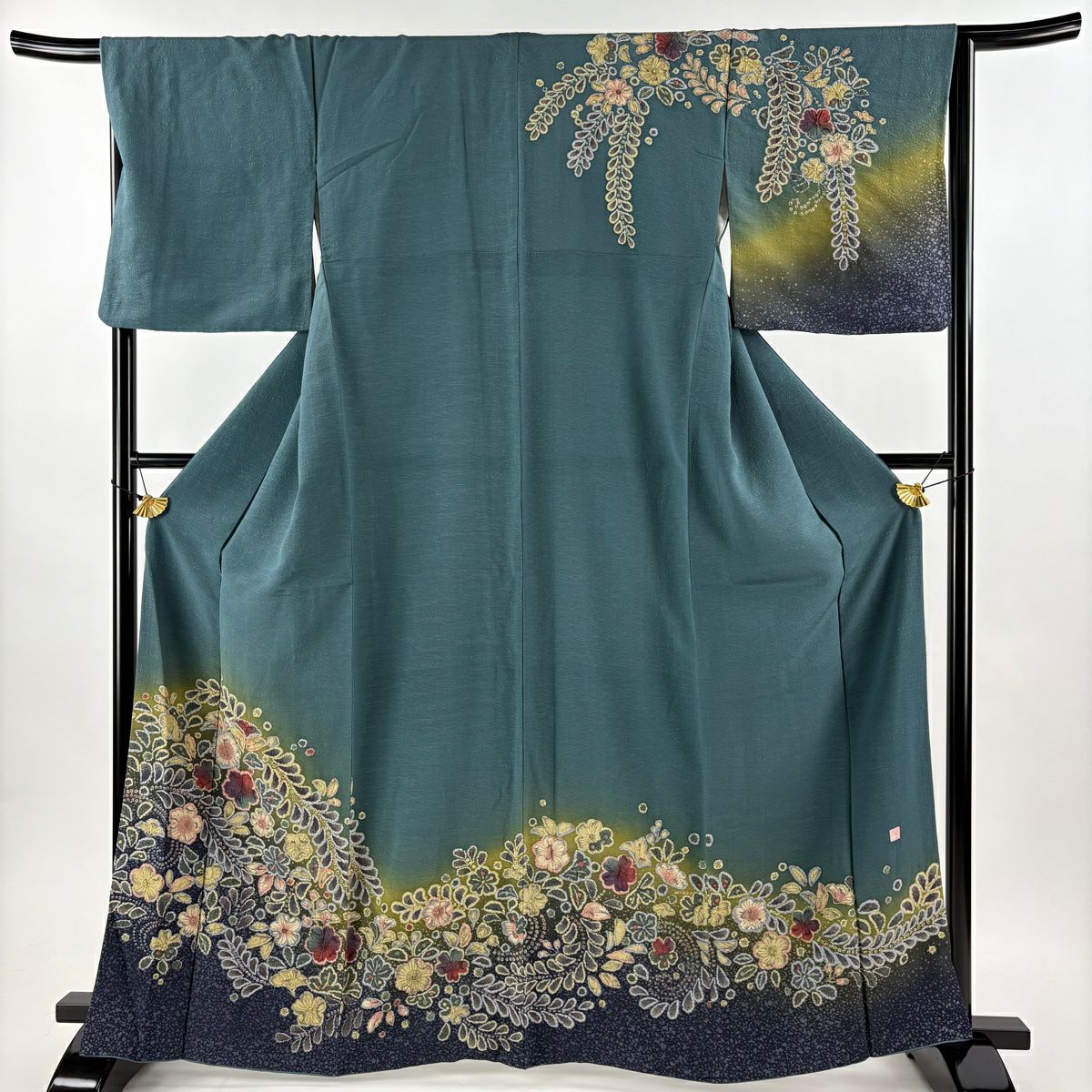訪問服 身長164.5cm 袖長66.5cm M 雙層 落款あり 辻花染 漸層 青綠 純蠶絲 名品級