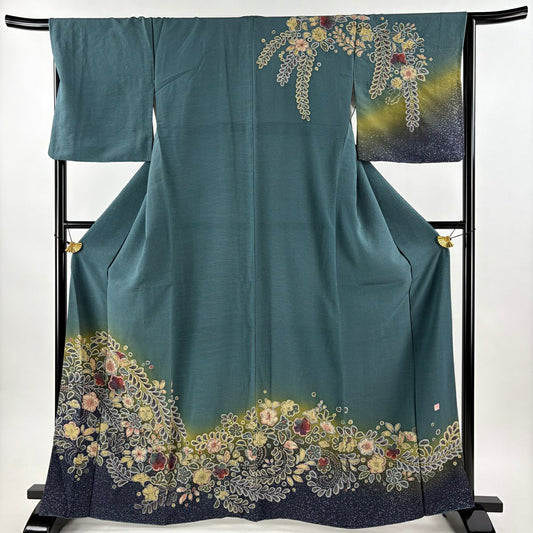 訪問服 身長164.5cm 袖長66.5cm M 雙層 落款あり 辻花染 漸層 青綠 純蠶絲 名品級