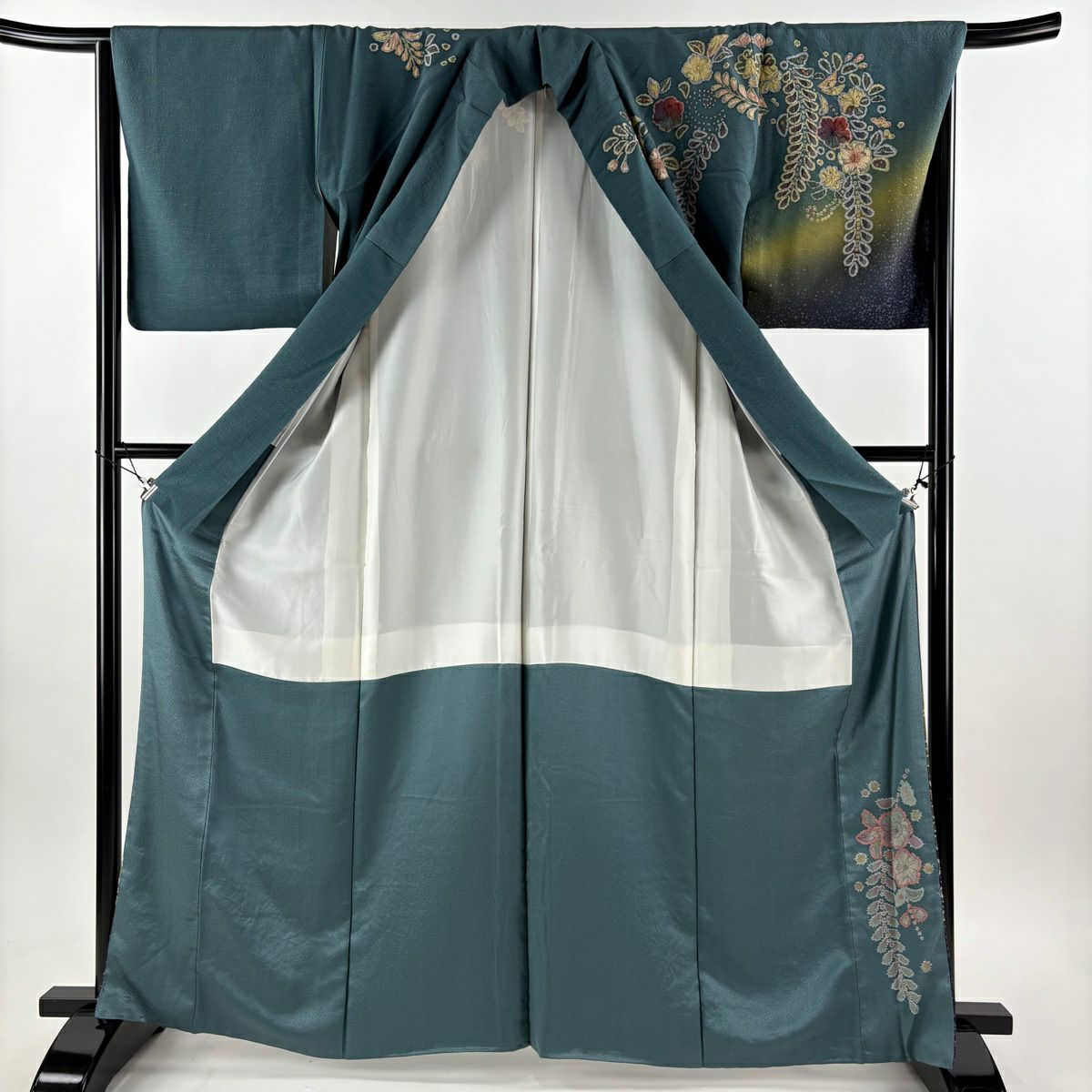 訪問服 身長164.5cm 袖長66.5cm M 雙層 落款あり 辻花染 漸層 青綠 純蠶絲 名品級
