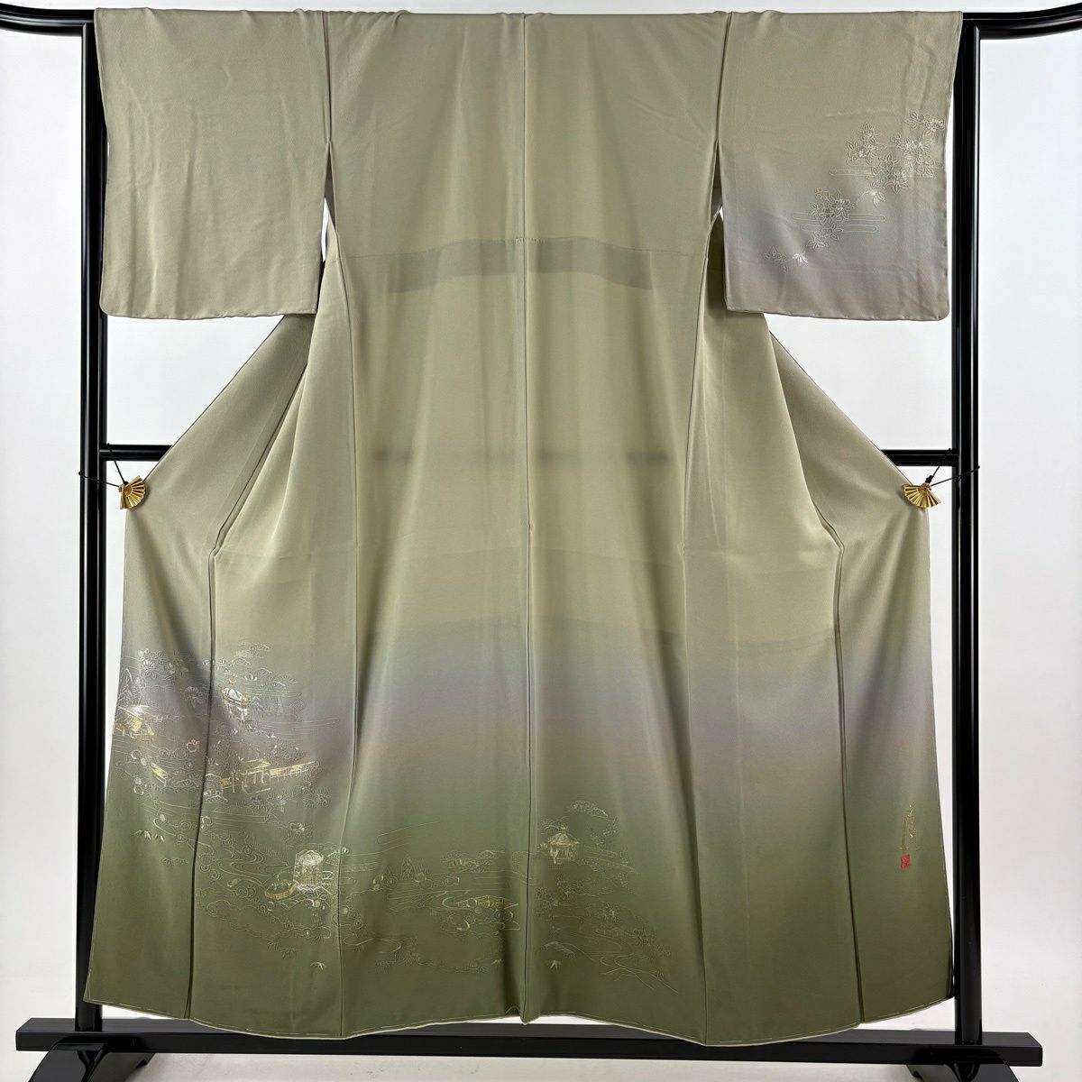 【美品】 付下 身長156cm 袖長65.5cm M 雙層 コシノアヤコ 落款あり 建物 貝桶 金銀彩 刺繡 灰綠 純蠶絲 名品級