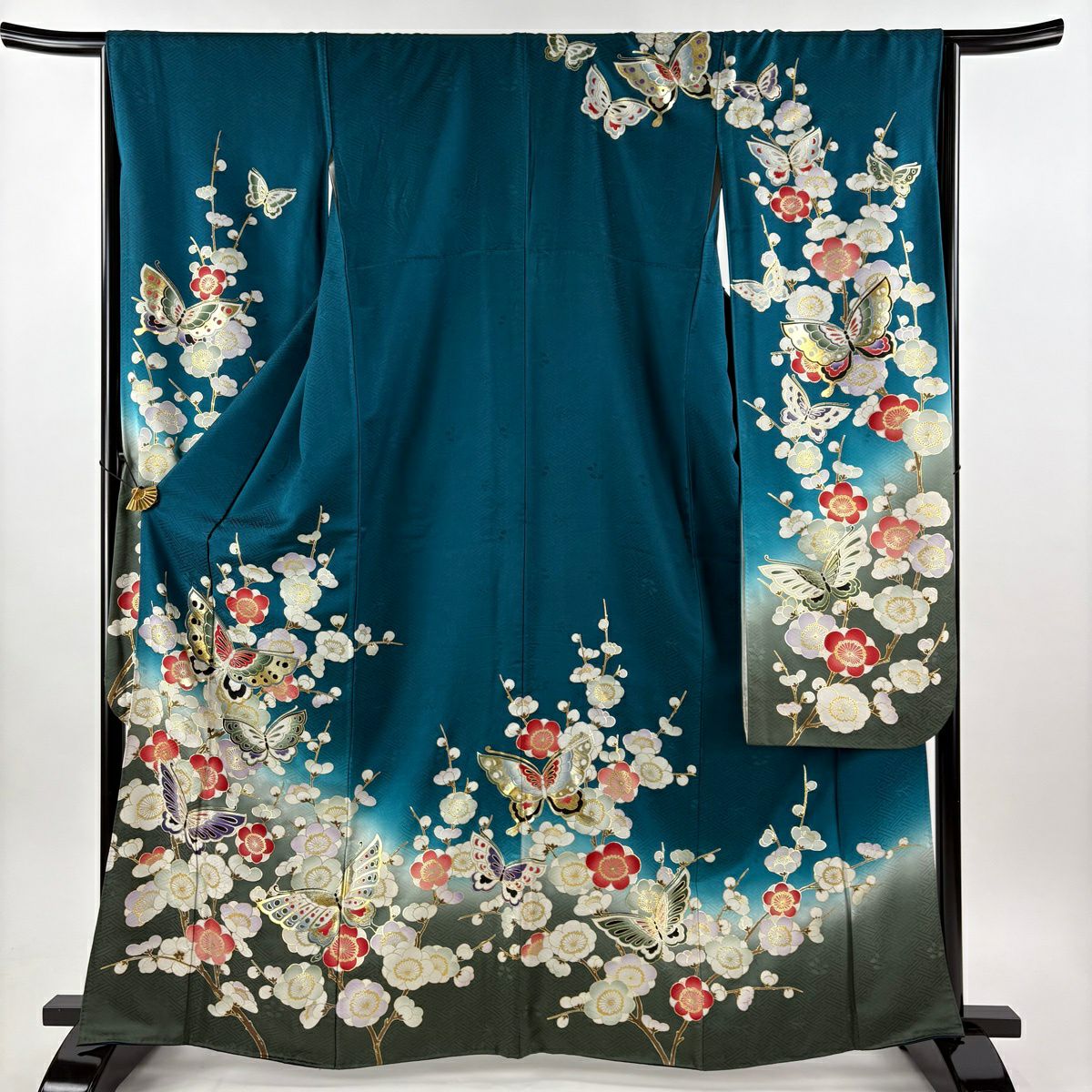 振袖禮服 身長164cm 袖長66cm M 雙層 蝶枝梅花 金銀彩 漸層 青綠 純蠶絲 名品級