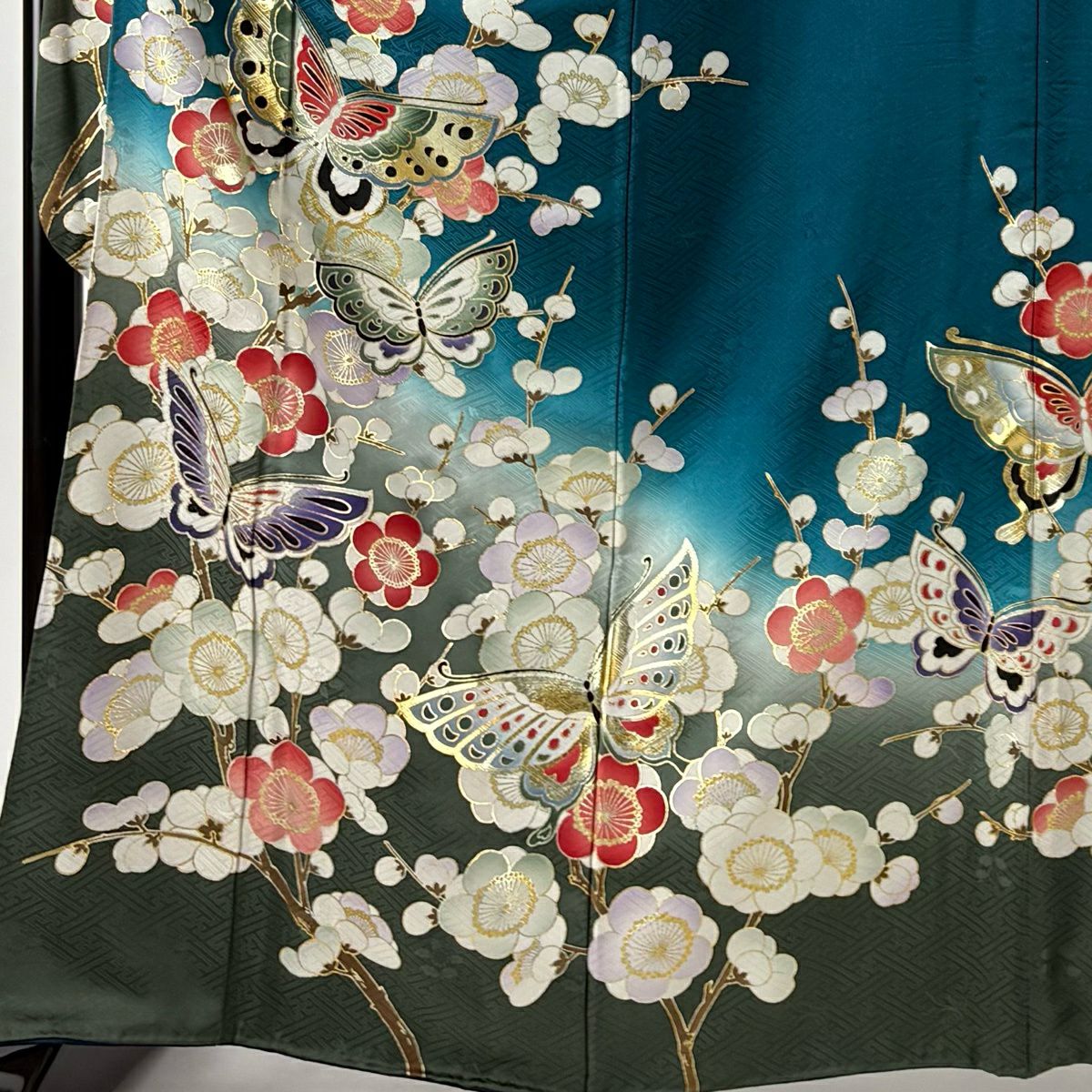 振袖禮服 身長164cm 袖長66cm M 雙層 蝶枝梅花 金銀彩 漸層 青綠 純蠶絲 名品級