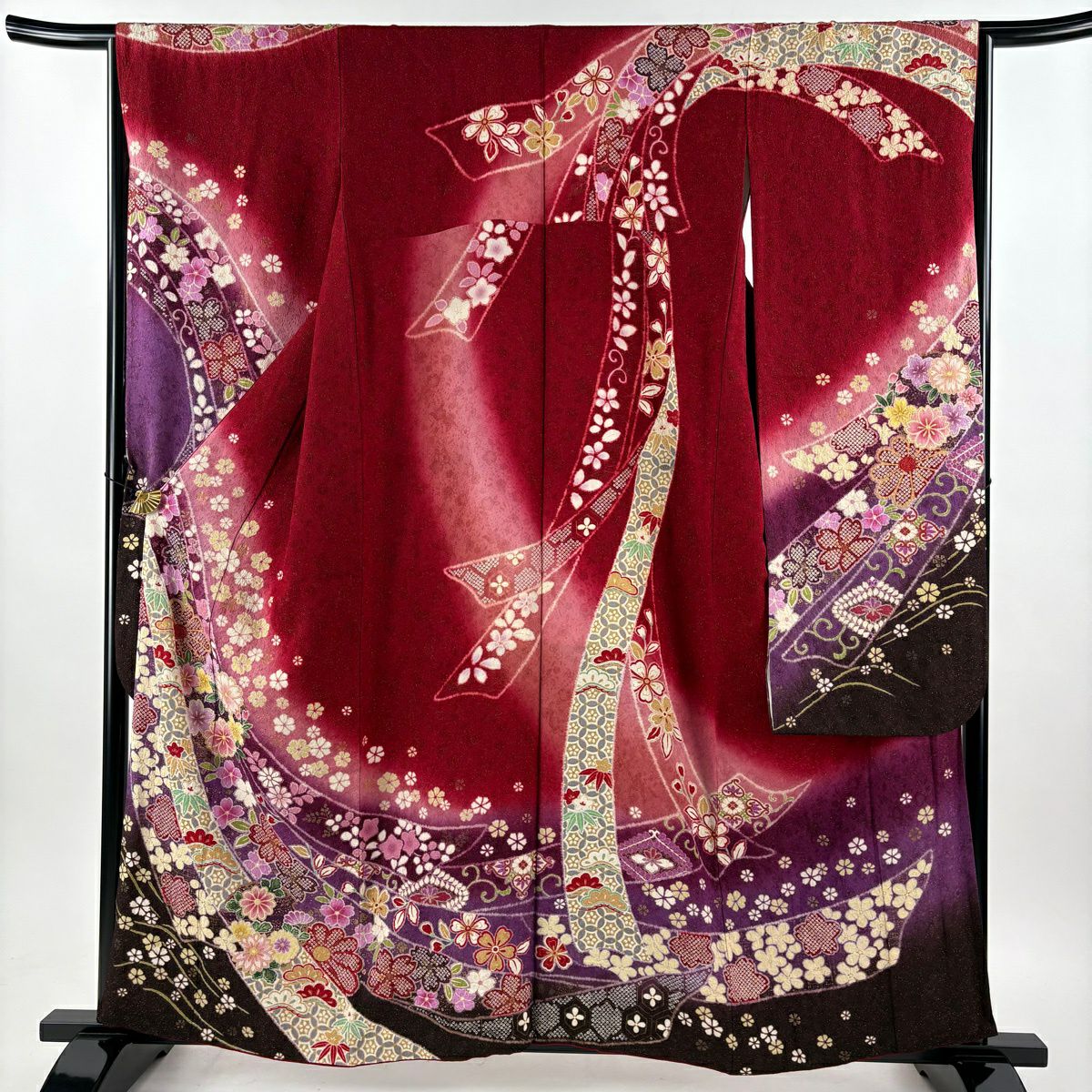 振袖禮服 身長159cm 袖長65cm M 雙層 櫻花 松樹竹子梅花 金銀彩 金通し 紅 純蠶絲 名品級