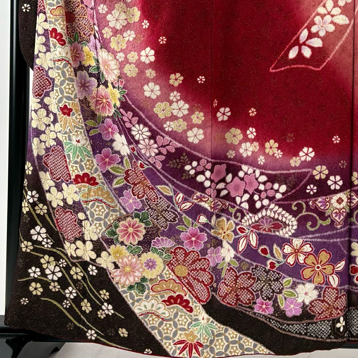 振袖禮服 身長159cm 袖長65cm M 雙層 櫻花 松樹竹子梅花 金銀彩 金通し 紅 純蠶絲 名品級