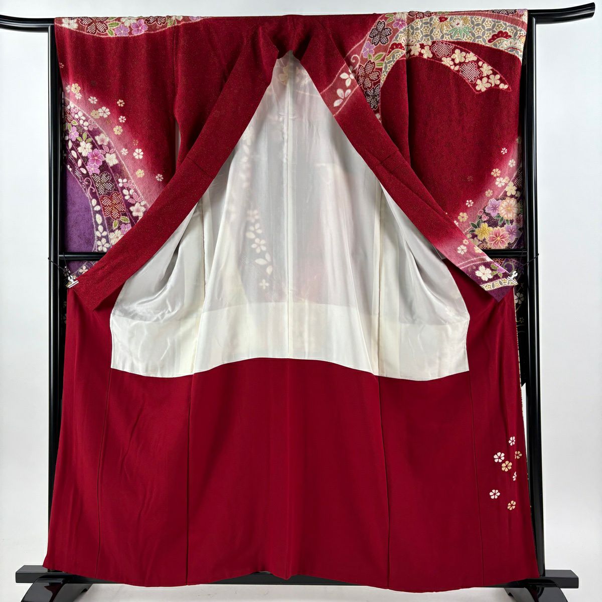 振袖禮服 身長159cm 袖長65cm M 雙層 櫻花 松樹竹子梅花 金銀彩 金通し 紅 純蠶絲 名品級