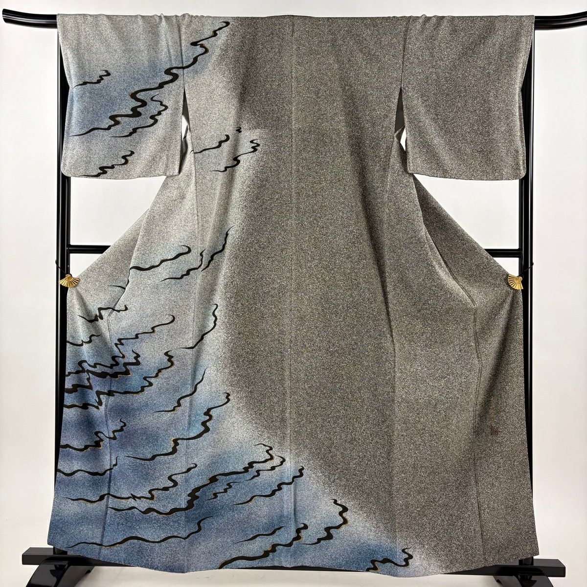 訪問服 身長160cm 袖長67cm M 雙層 落款 波 金銀彩 漸層 灰色 純蠶絲 名品級