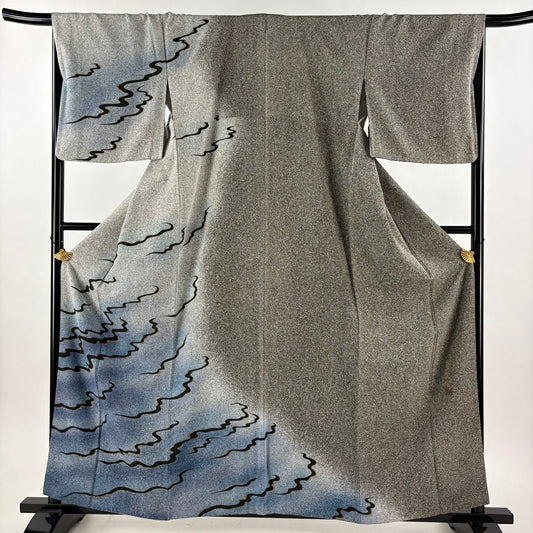 訪問服 身長160cm 袖長67cm M 雙層 落款 波 金銀彩 漸層 灰色 純蠶絲 名品級