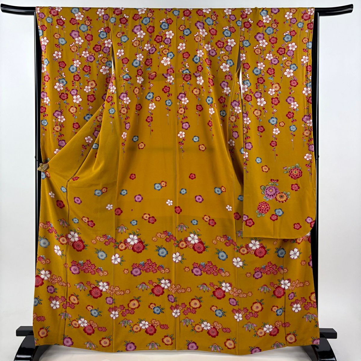 【美品】振袖禮服 身長167cm 袖長66cm M 雙層 枝梅花 櫻花 絞緬 山吹茶 純蠶絲 名品級