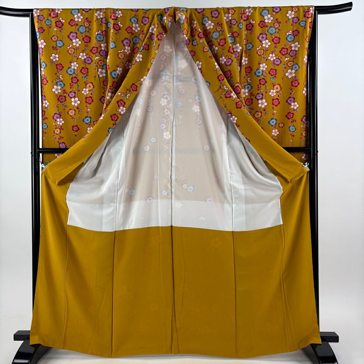 【美品】振袖禮服 身長167cm 袖長66cm M 雙層 枝梅花 櫻花 絞緬 山吹茶 純蠶絲 名品級