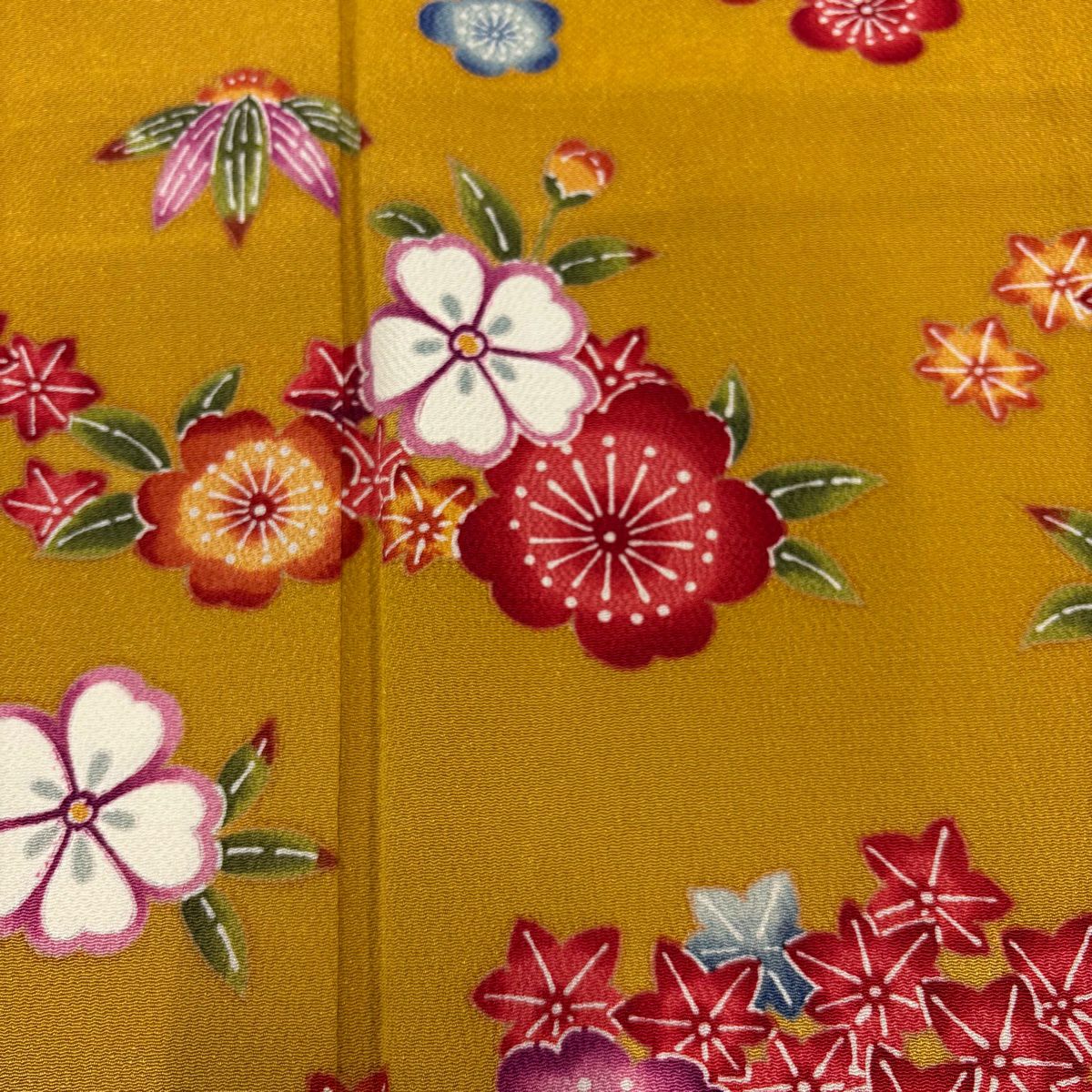 【美品】振袖禮服 身長167cm 袖長66cm M 雙層 枝梅花 櫻花 絞緬 山吹茶 純蠶絲 名品級
