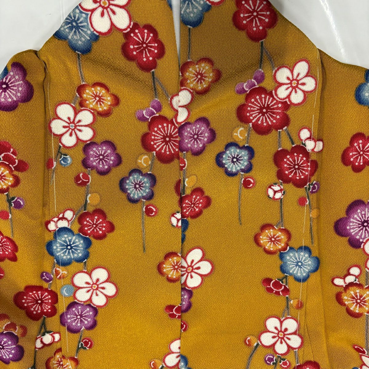 【美品】振袖禮服 身長167cm 袖長66cm M 雙層 枝梅花 櫻花 絞緬 山吹茶 純蠶絲 名品級