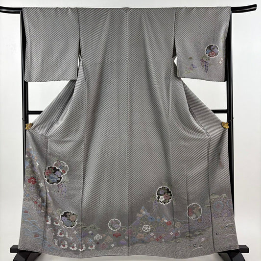 【美品】 付下 身長163cm 袖長66cm M 雙層 落款あり 雪輪 草花紋 灰 純蠶絲 名品級