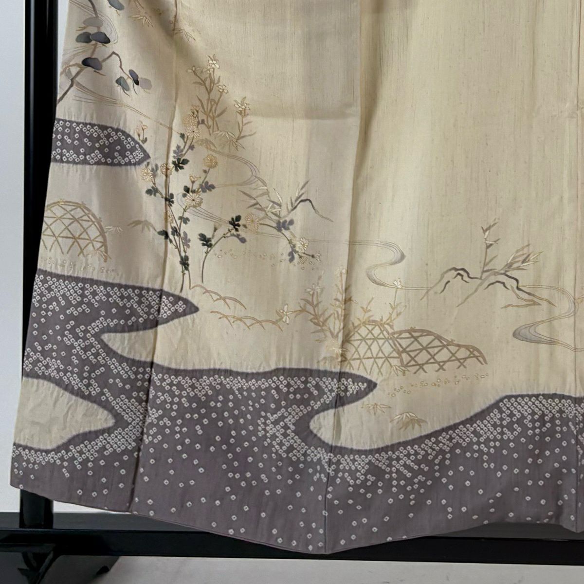【美品】訪問服 身長156cm 袖長66cm M 雙層 大和 菊花 流水 絞染 金彩裝飾 奶油色 純蠶絲 名品級
