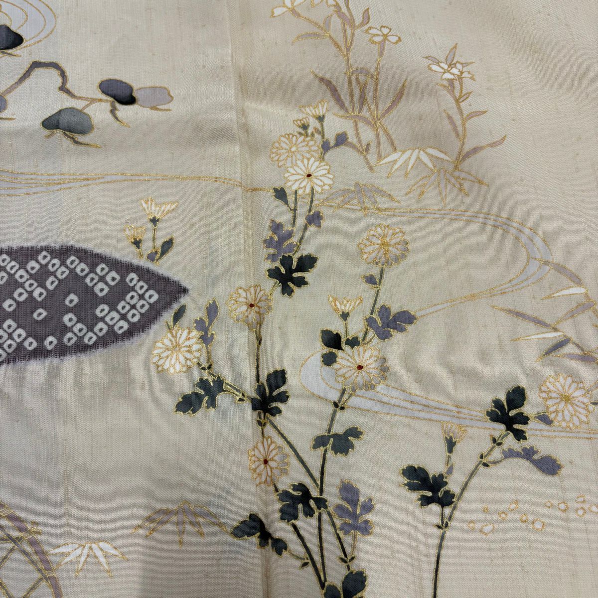 【美品】訪問服 身長156cm 袖長66cm M 雙層 大和 菊花 流水 絞染 金彩裝飾 奶油色 純蠶絲 名品級