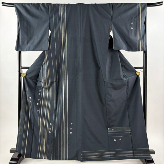 【美品】 付下 身長167cm 袖長68cm L 雙層 紬織織 縞紋 源氏香刺繡 深綠 純蠶絲 名品級
