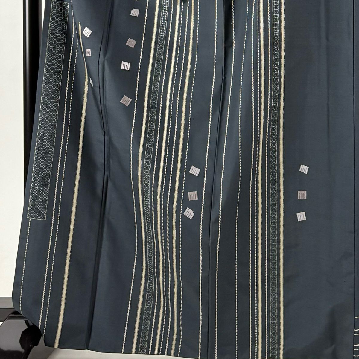 【美品】 付下 身長167cm 袖長68cm L 雙層 紬織織 縞紋 源氏香刺繡 深綠 純蠶絲 名品級