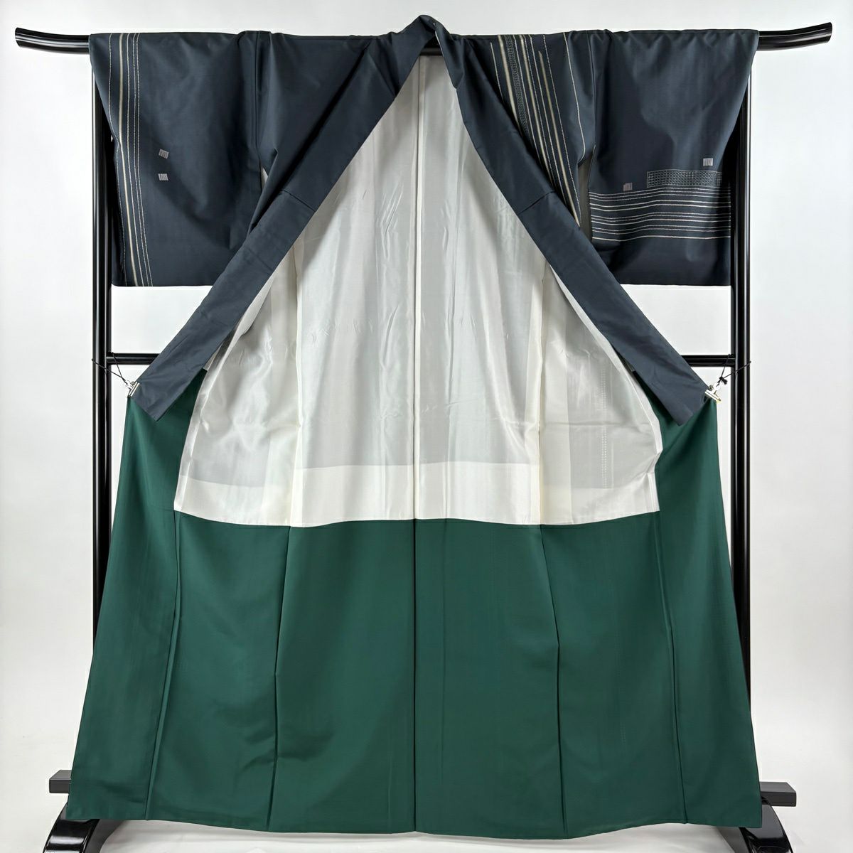 【美品】 付下 身長167cm 袖長68cm L 雙層 紬織織 縞紋 源氏香刺繡 深綠 純蠶絲 名品級