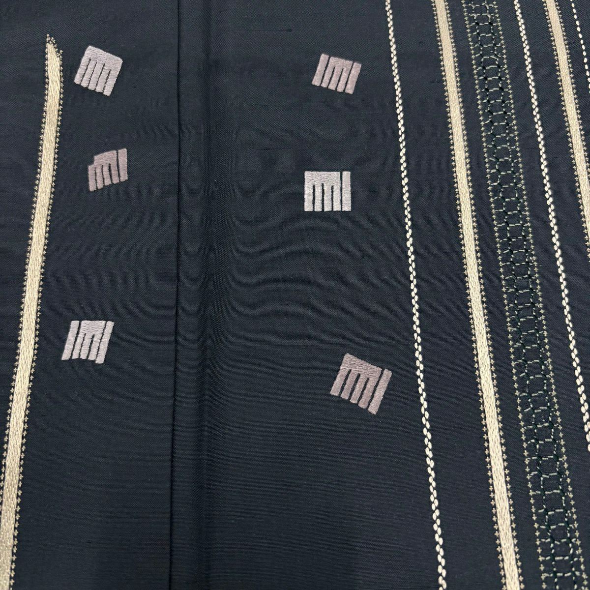 【美品】 付下 身長167cm 袖長68cm L 雙層 紬織織 縞紋 源氏香刺繡 深綠 純蠶絲 名品級