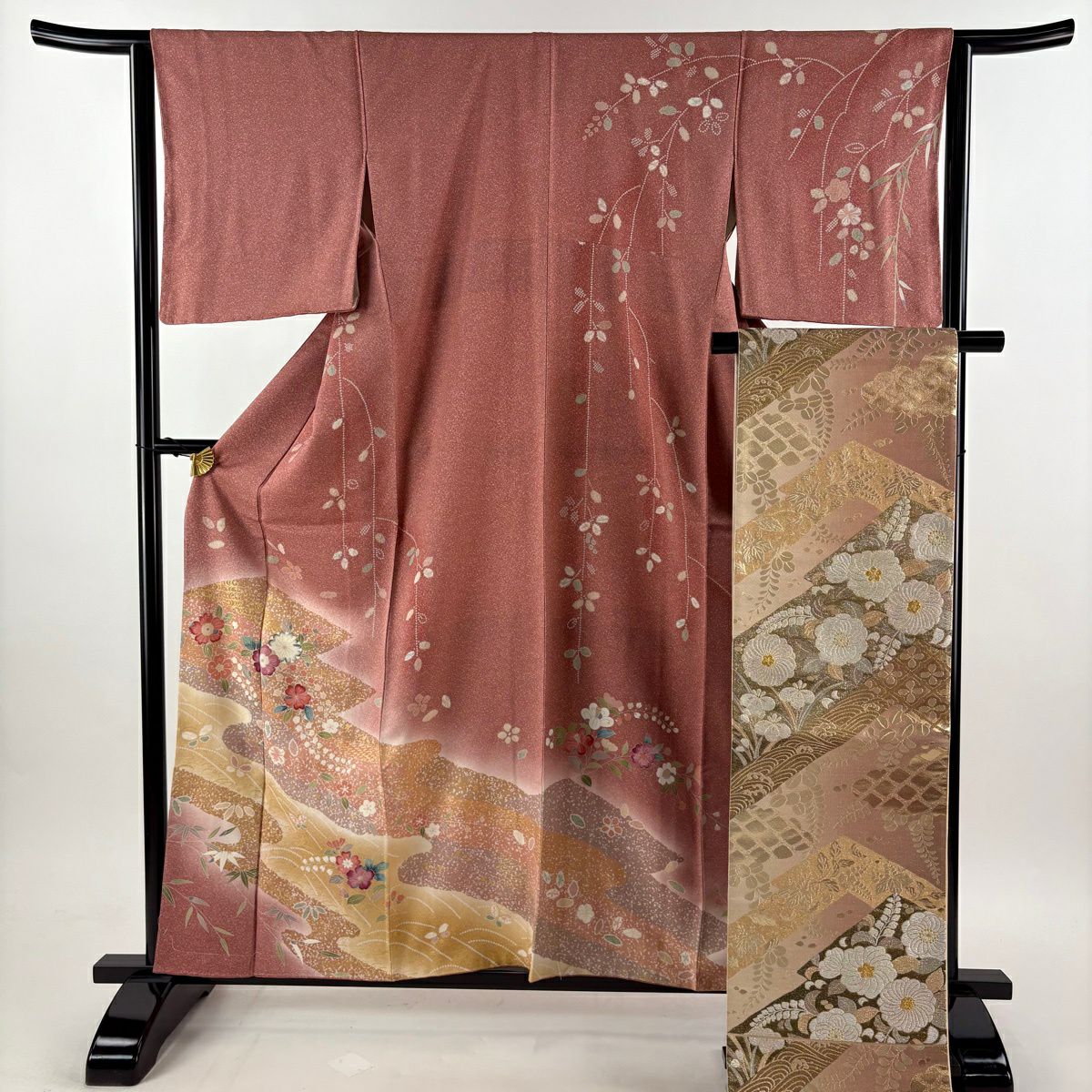 【美品】訪問服 身長159cm 袖長64cm M 雙層 袋帶套裝 草花紋紋 霞 金彩裝飾 漸層 粉色 純蠶絲 優品級