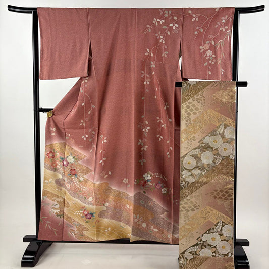 【美品】訪問服 身長159cm 袖長64cm M 雙層 袋帶套裝 草花紋紋 霞 金彩裝飾 漸層 粉色 純蠶絲 優品級