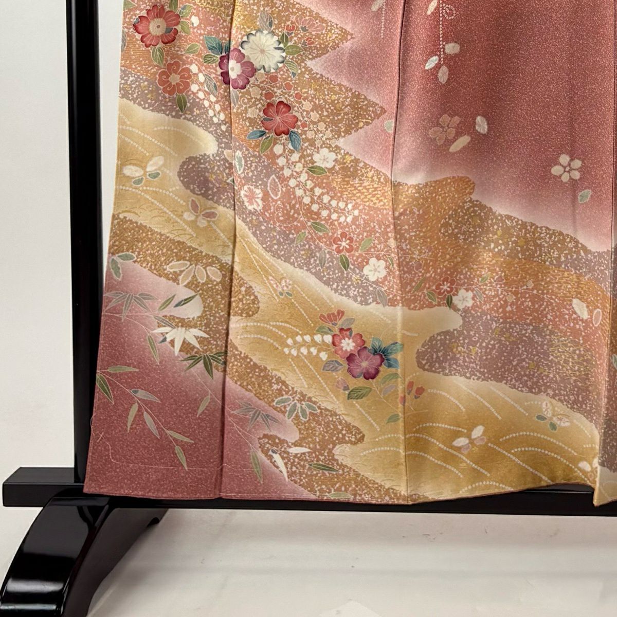 【美品】訪問服 身長159cm 袖長64cm M 雙層 袋帶套裝 草花紋紋 霞 金彩裝飾 漸層 粉色 純蠶絲 優品級