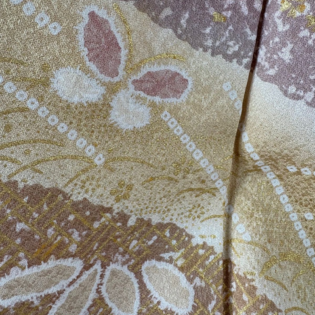【美品】訪問服 身長159cm 袖長64cm M 雙層 袋帶套裝 草花紋紋 霞 金彩裝飾 漸層 粉色 純蠶絲 優品級