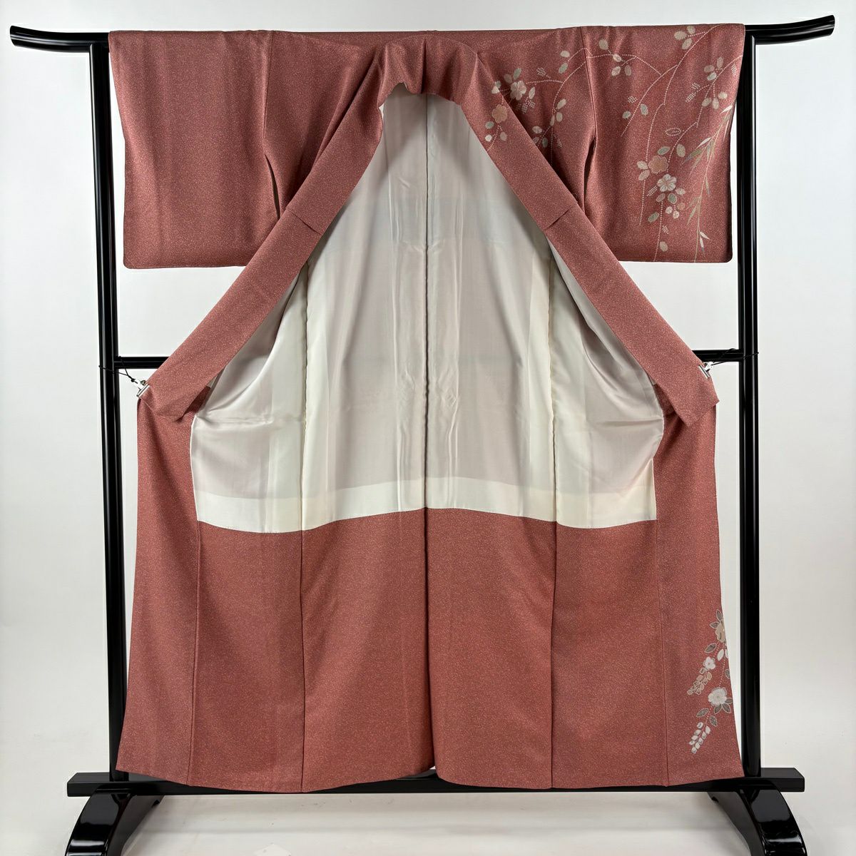 【美品】訪問服 身長159cm 袖長64cm M 雙層 袋帶套裝 草花紋紋 霞 金彩裝飾 漸層 粉色 純蠶絲 優品級