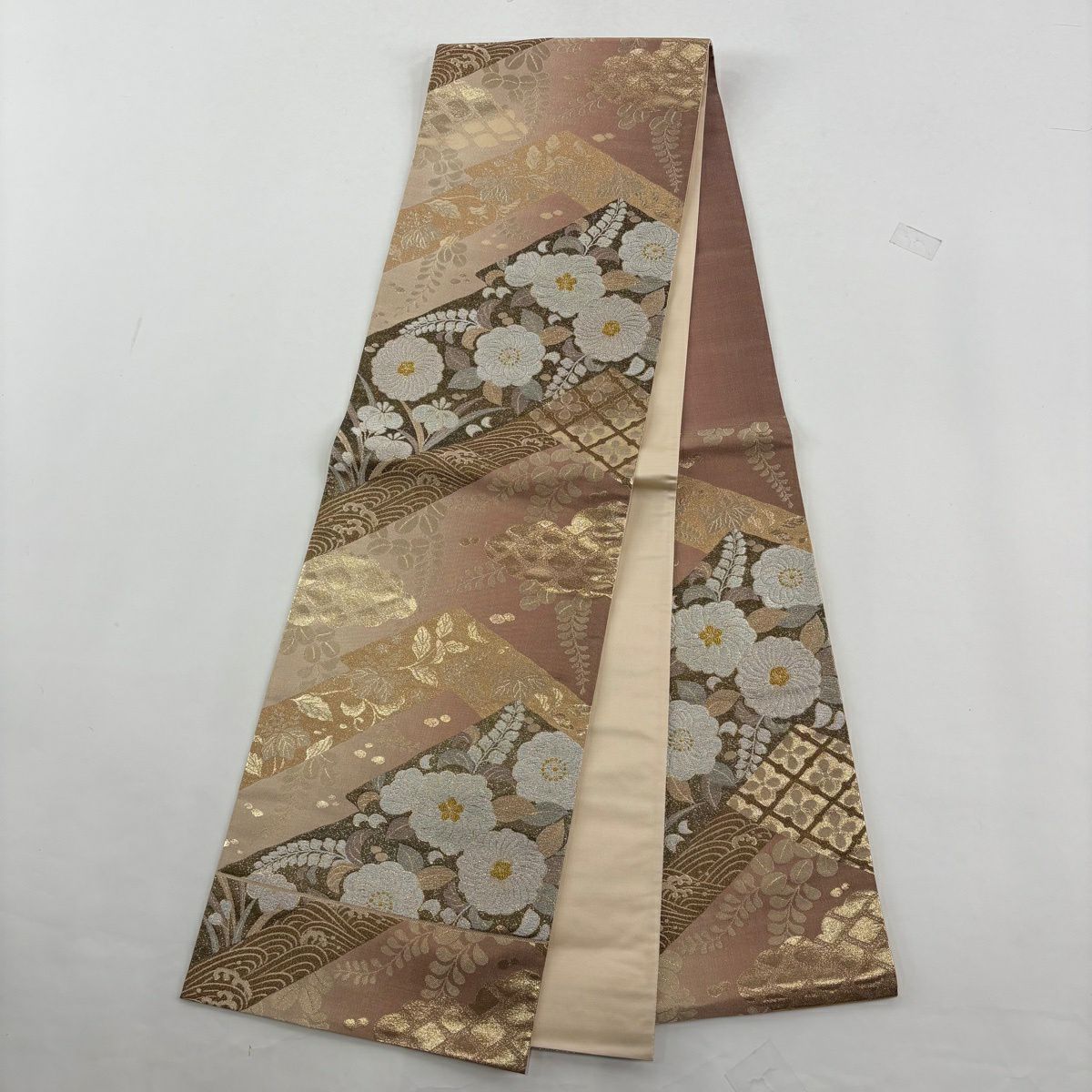 【美品】訪問服 身長159cm 袖長64cm M 雙層 袋帶套裝 草花紋紋 霞 金彩裝飾 漸層 粉色 純蠶絲 優品級