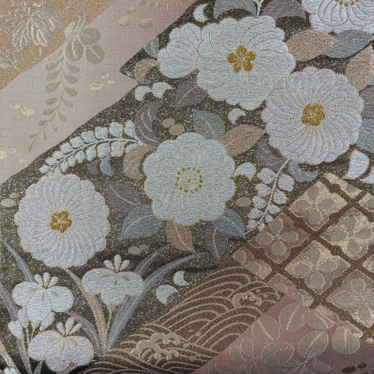 【美品】訪問服 身長159cm 袖長64cm M 雙層 袋帶套裝 草花紋紋 霞 金彩裝飾 漸層 粉色 純蠶絲 優品級