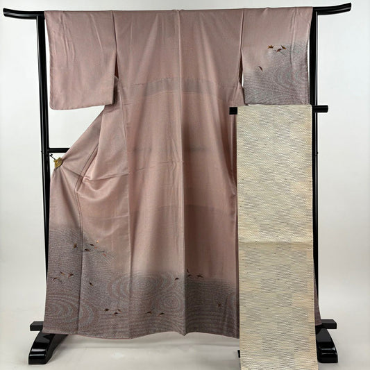 【美品】訪問服 身長164cm 袖長64cm M 雙層 袋帶套裝 葉柄 流水刺繡 金絲 粉米色 純蠶絲 秀品級