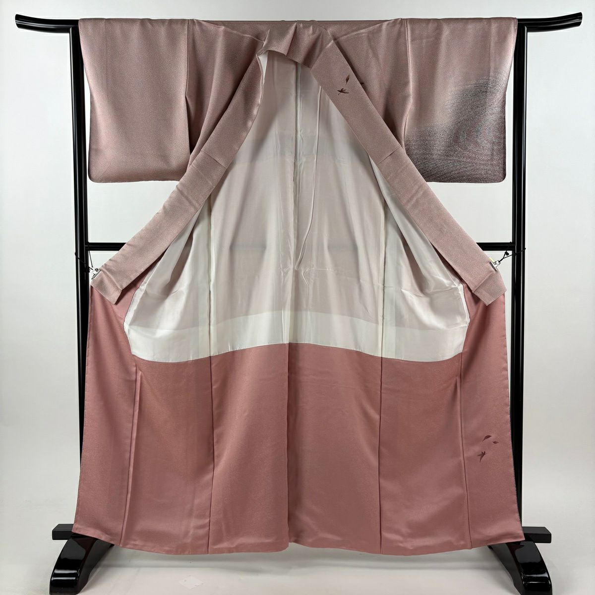 【美品】訪問服 身長164cm 袖長64cm M 雙層 袋帶套裝 葉柄 流水刺繡 金絲 粉米色 純蠶絲 秀品級