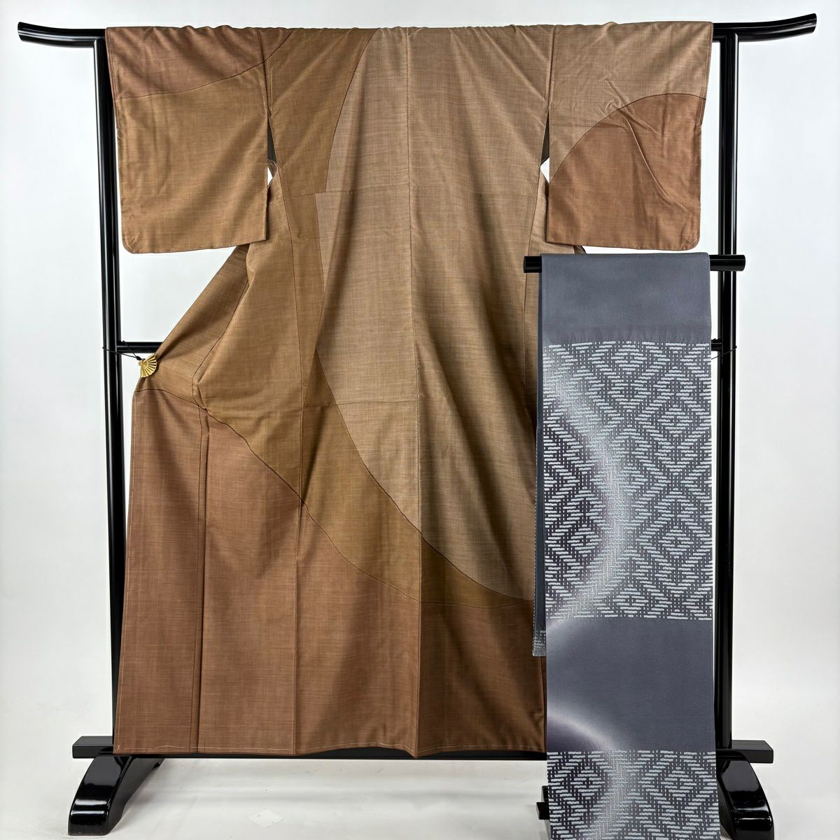 【美品】訪問服 身長159cm 袖長64cm M 雙層 袋名古屋帶套裝 紬織織 幾何圖案 茶 純蠶絲 優品級
