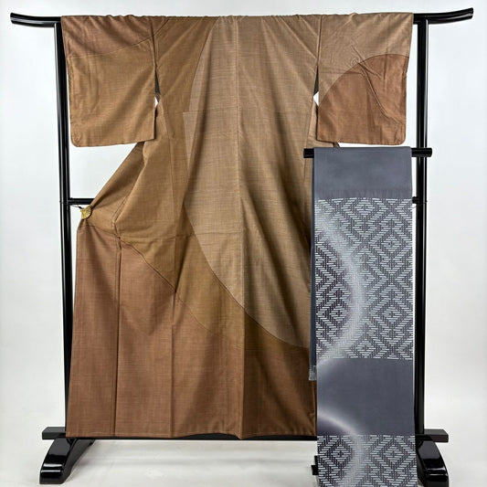【美品】訪問服 身長159cm 袖長64cm M 雙層 袋名古屋帶套裝 紬織織 幾何圖案 茶 純蠶絲 優品級