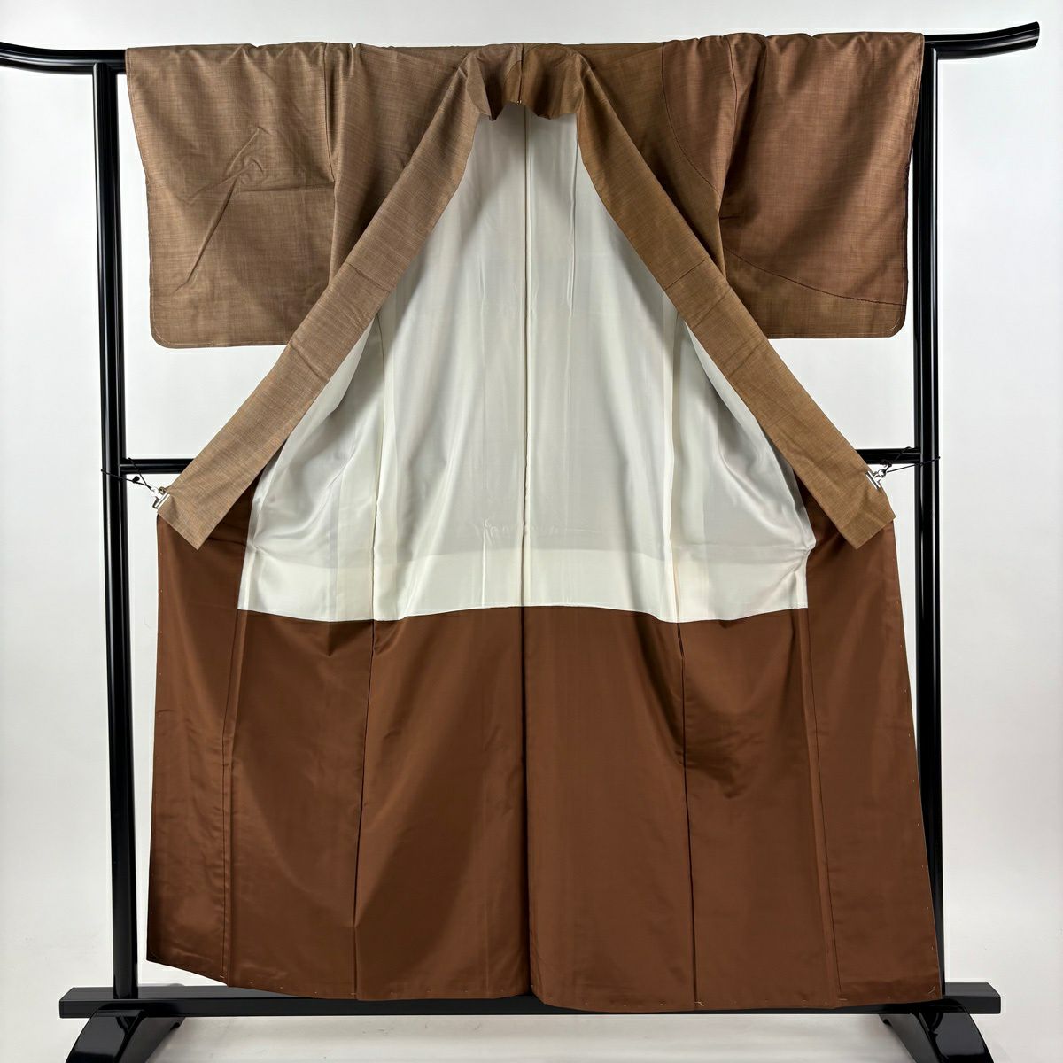 【美品】訪問服 身長159cm 袖長64cm M 雙層 袋名古屋帶套裝 紬織織 幾何圖案 茶 純蠶絲 優品級