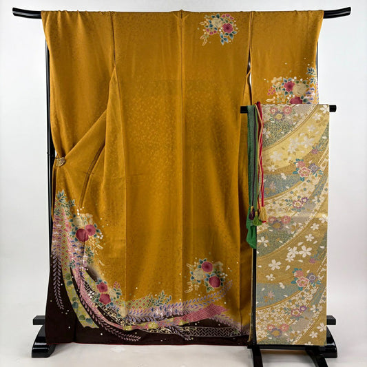 【美品】振袖禮服 身長170.5cm 袖長71cm L 雙層 袋帶全套 熨斗紋 草花紋紋 金銀彩 漸層 山吹茶 純蠶絲 優品級