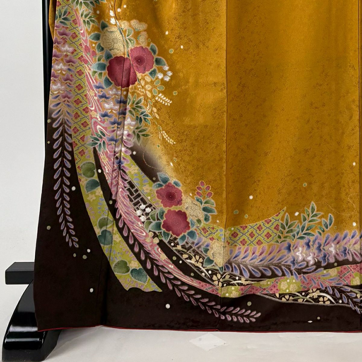 【美品】振袖禮服 身長170.5cm 袖長71cm L 雙層 袋帶全套 熨斗紋 草花紋紋 金銀彩 漸層 山吹茶 純蠶絲 優品級