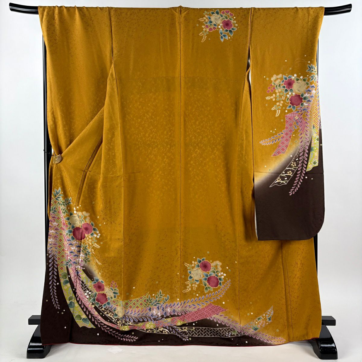 【美品】振袖禮服 身長170.5cm 袖長71cm L 雙層 袋帶全套 熨斗紋 草花紋紋 金銀彩 漸層 山吹茶 純蠶絲 優品級