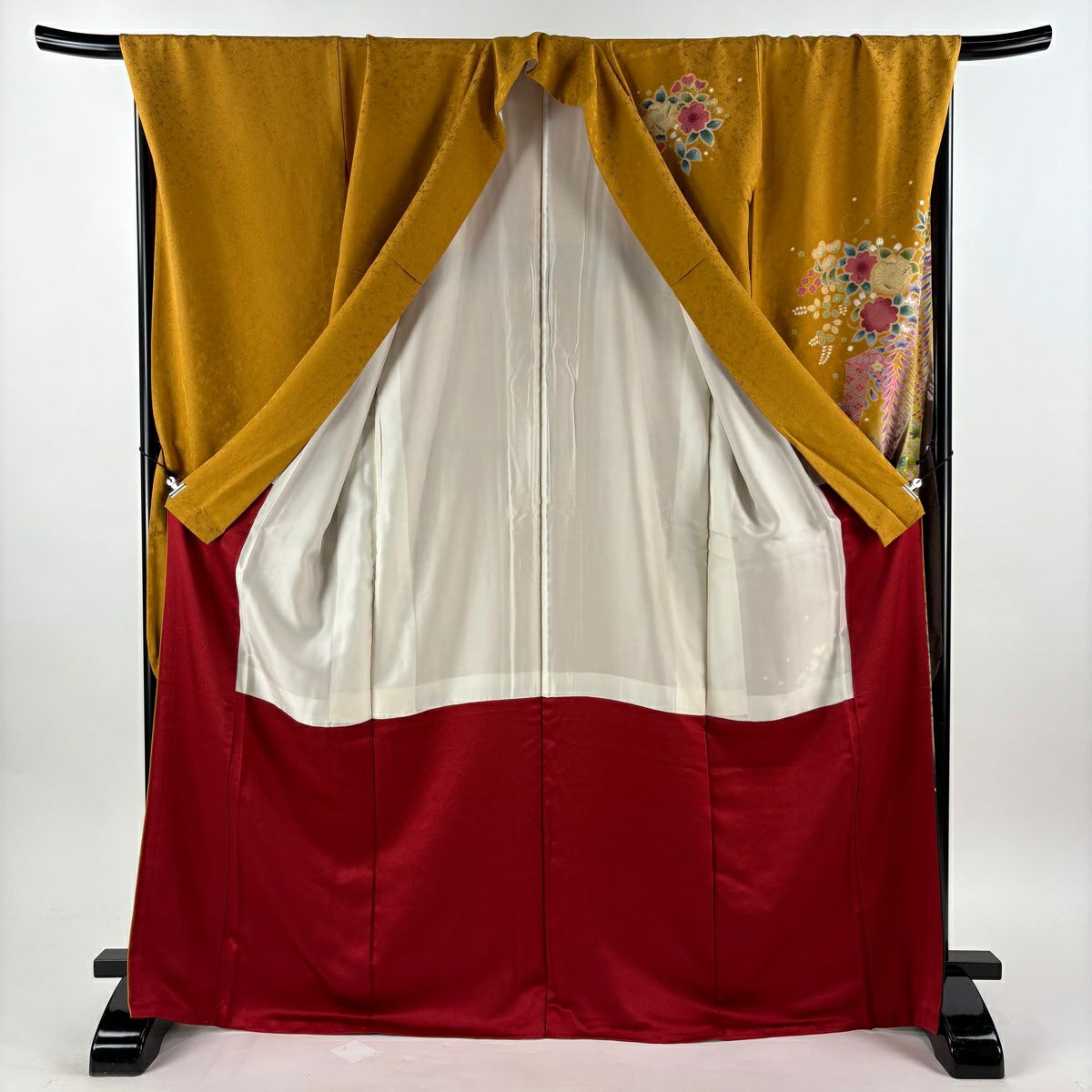 【美品】振袖禮服 身長170.5cm 袖長71cm L 雙層 袋帶全套 熨斗紋 草花紋紋 金銀彩 漸層 山吹茶 純蠶絲 優品級