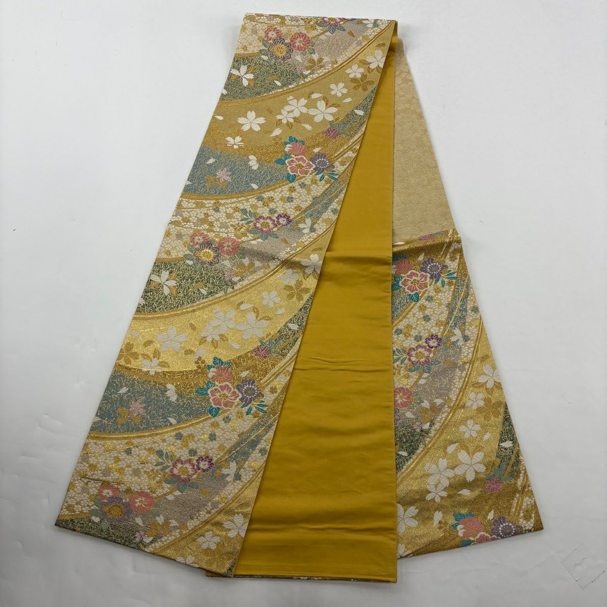 【美品】振袖禮服 身長170.5cm 袖長71cm L 雙層 袋帶全套 熨斗紋 草花紋紋 金銀彩 漸層 山吹茶 純蠶絲 優品級