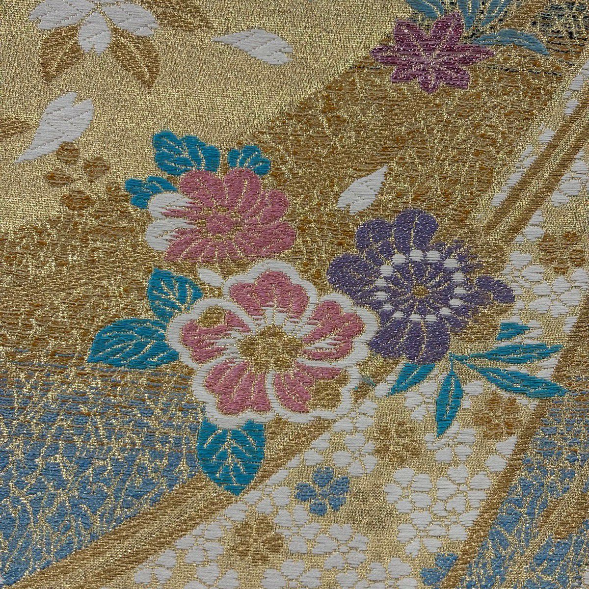 【美品】振袖禮服 身長170.5cm 袖長71cm L 雙層 袋帶全套 熨斗紋 草花紋紋 金銀彩 漸層 山吹茶 純蠶絲 優品級