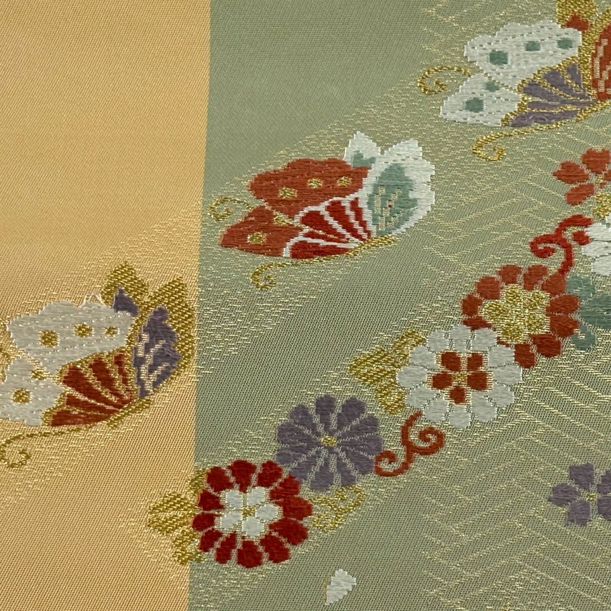 半幅帶 秀品級 證書 梅花 籠目 金金箔 金絲 灰綠 純蠶絲