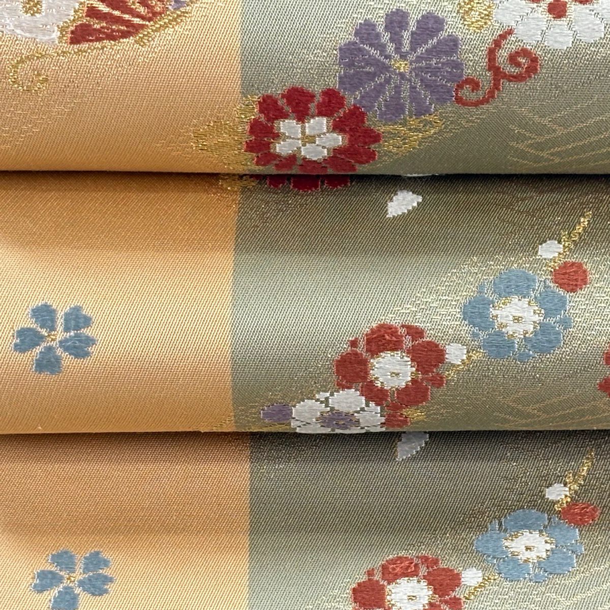 半幅帶 秀品級 證書 梅花 籠目 金金箔 金絲 灰綠 純蠶絲