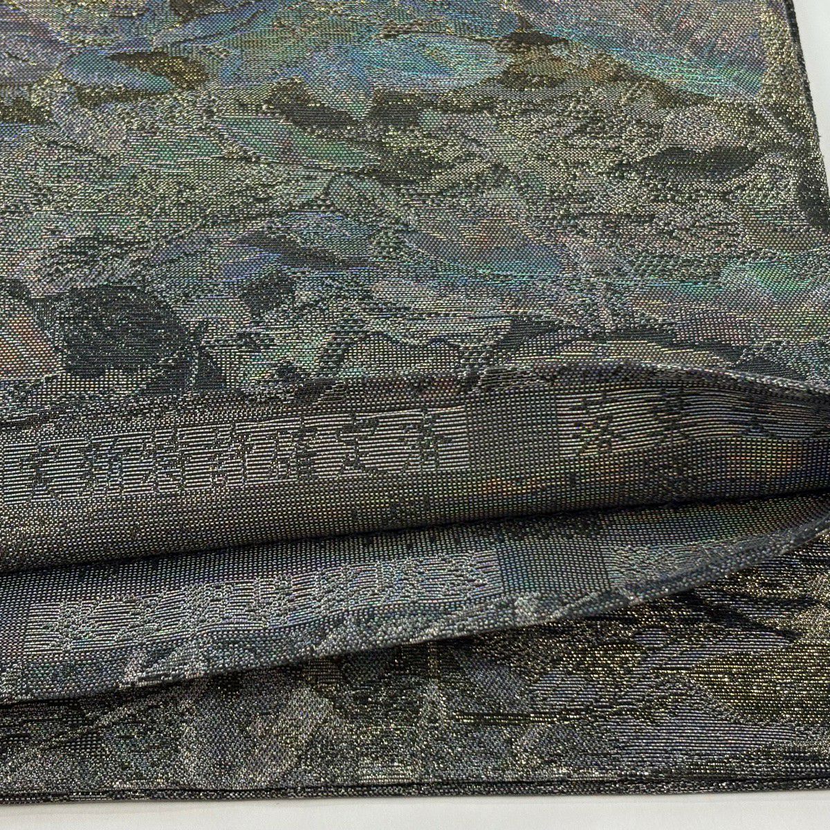 【美品】 袋帶 逸品級 佐波理 落款 佐波理綴 落葉未定 銀糸 金金箔 灰色 六通 純蠶絲