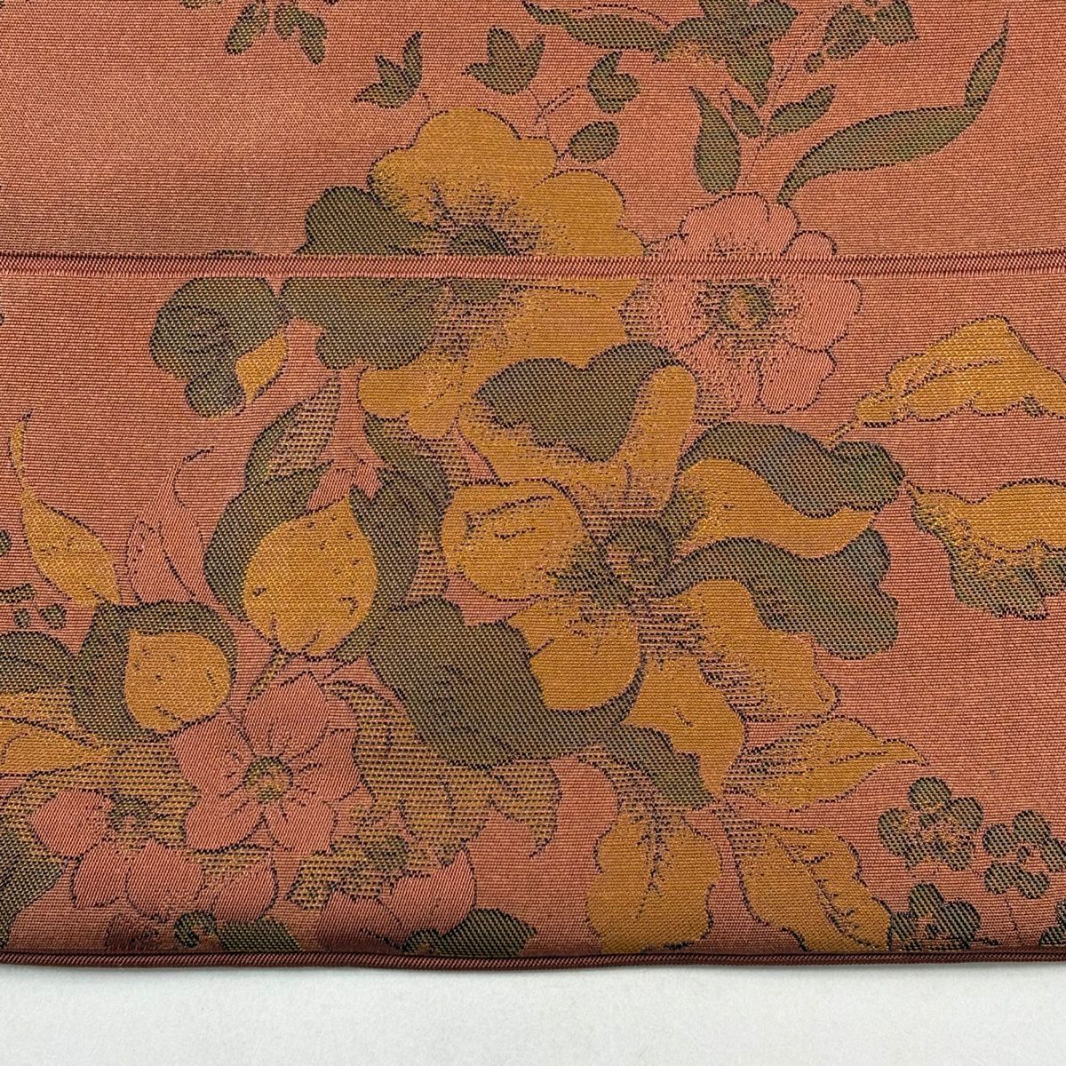 名古屋帶 優品級 關西仕立 草花紋 枝花 金金箔 茶 純蠶絲