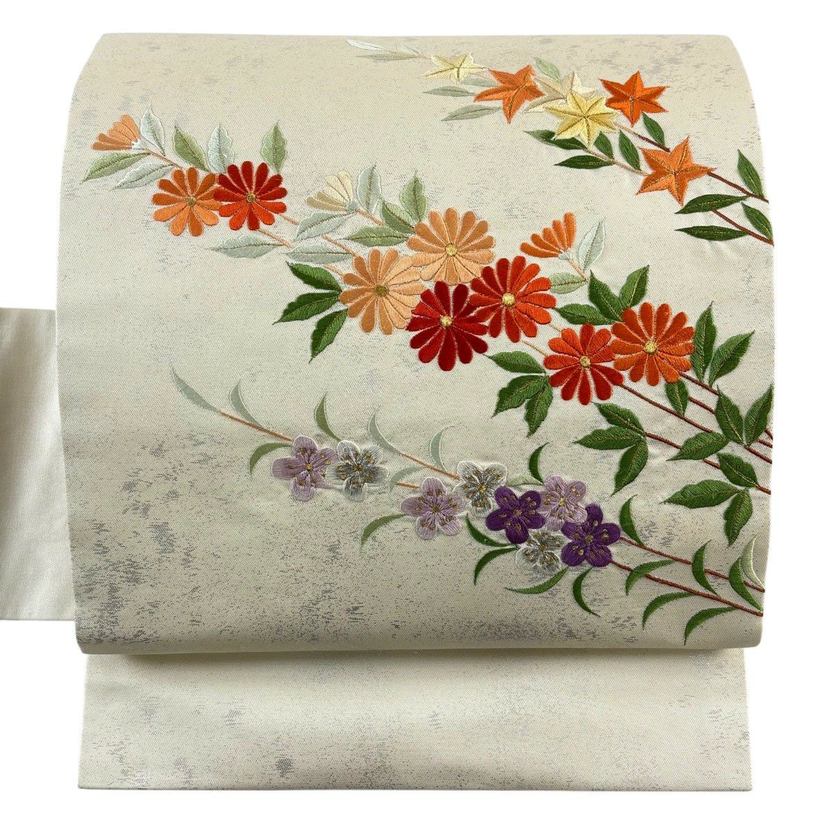 名古屋帶 優品級 菊花 梅花 刺繡 金銀彩 奶油色 純蠶絲