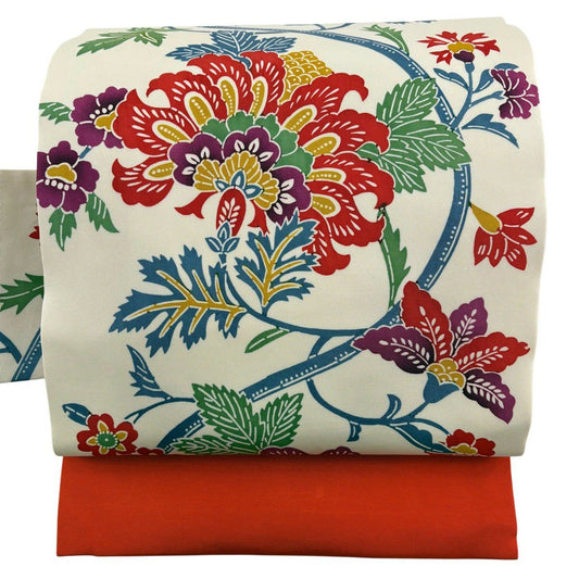 【美品】名古屋帶 優品級 花唐草紋 奶油色 純蠶絲