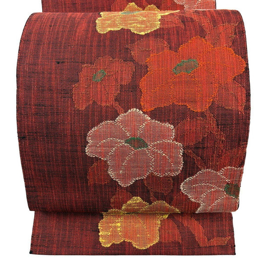 【美品】 名古屋帶 優品級 八寸名古屋帶 松樹葉仕立 枝花 銹紅 純蠶絲