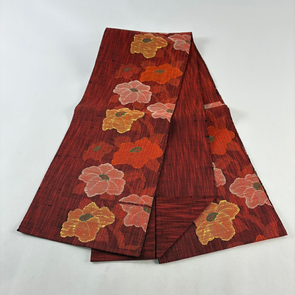 【美品】 名古屋帶 優品級 八寸名古屋帶 松樹葉仕立 枝花 銹紅 純蠶絲